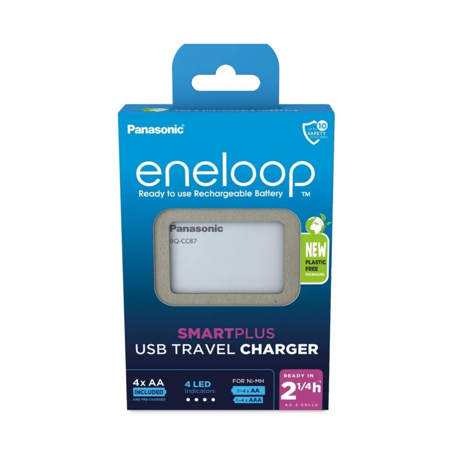 Panasonic K-KJ87MCD40USB Smartplus USB akulaadija 4x AA 2000 mAh akuga, LED-indikaatorid, valge