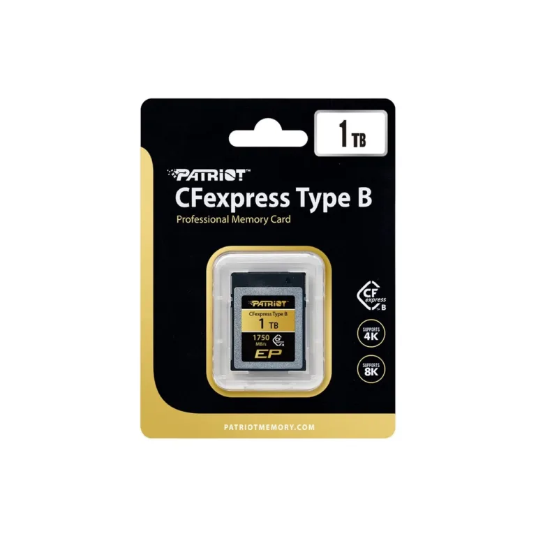 Patriot Memory EP PEF1TBEPAB 1TB CFexpress Type B mälukaart 1750 MB/s PCIe Gen3×2 must/kuldne professionaalseks fotograafiaks