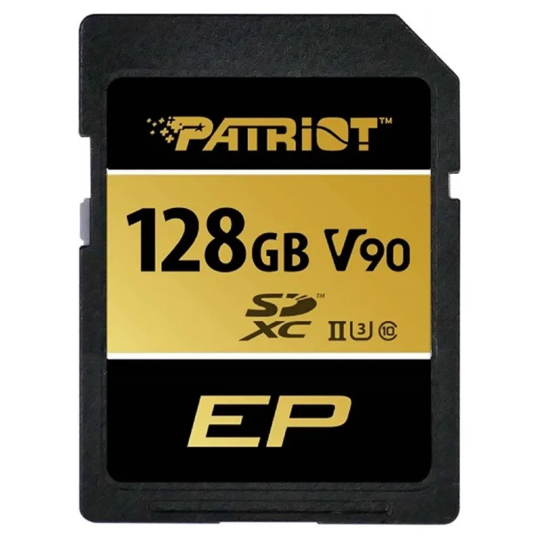 Patriot Memory PEF128GEP92SDX 128GB SDXC V90 UHS-II U3 mälukaart, 300 MB/s lugemiskiirus, 260 MB/s kirjutamiskiirus, must/kuldne