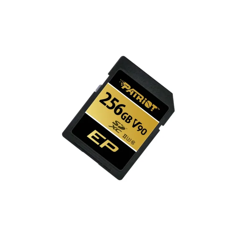 Patriot Memory V90 256GB SDXC UHS-II U3 Class 10 V90 mälukaart, 300 MB/s lugemiskiirus, kirjutuskaitse, kuld-must