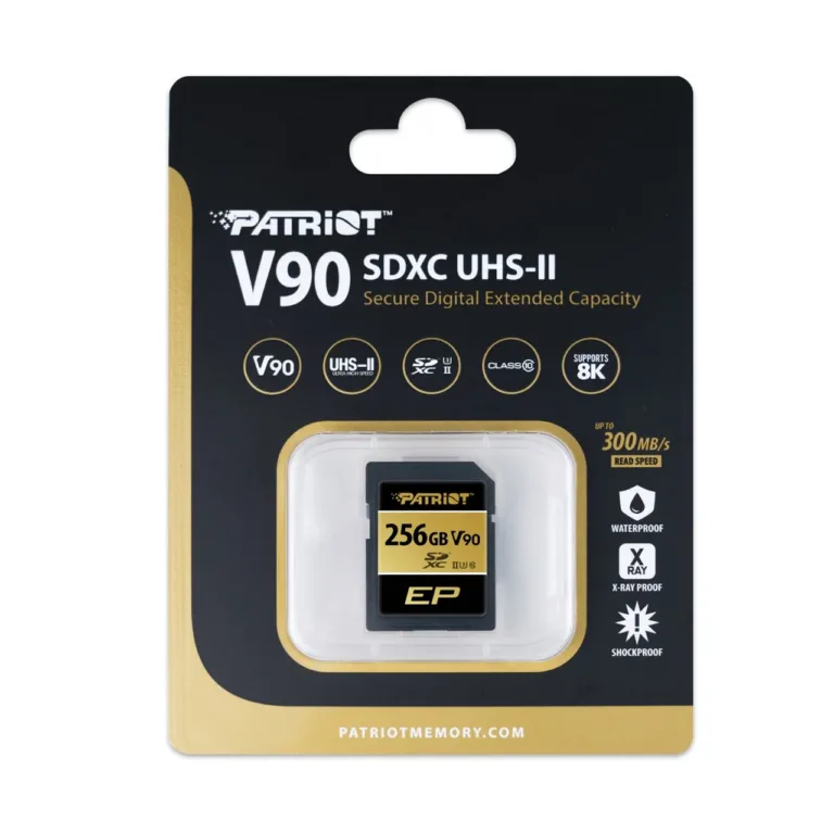 Patriot Memory V90 256GB SDXC UHS-II U3 Class 10 V90 mälukaart, 300 MB/s lugemiskiirus, kirjutuskaitse, kuld-must