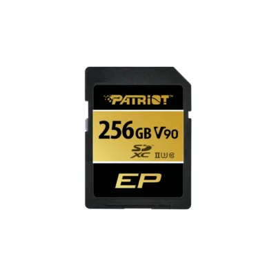Patriot Memory V90 256GB SDXC UHS-II U3 Class 10 V90 mälukaart, 300 MB/s lugemiskiirus, kirjutuskaitse, kuld-must