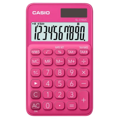 Punane Casio SL-310UC-RD taskukalkulaator, 10-kohaline ekraan, maksuarvutuse ja protsendifunktsioonidega, 118x80x8 mm, aku/solar