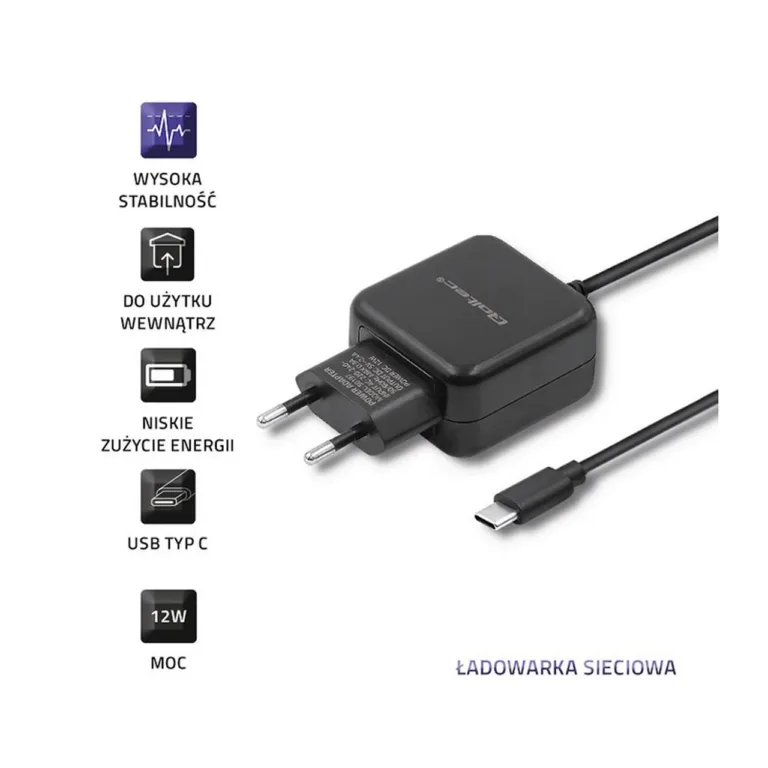 Qoltec 50197 12W 5V 2.4A USB-C must seinalaadija 1 m kaabliga nutitelefonidele ja tahvelarvutitele