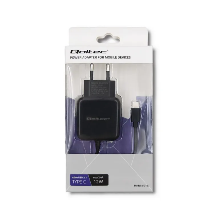 Qoltec 50197 12W 5V 2.4A USB-C must seinalaadija 1 m kaabliga nutitelefonidele ja tahvelarvutitele