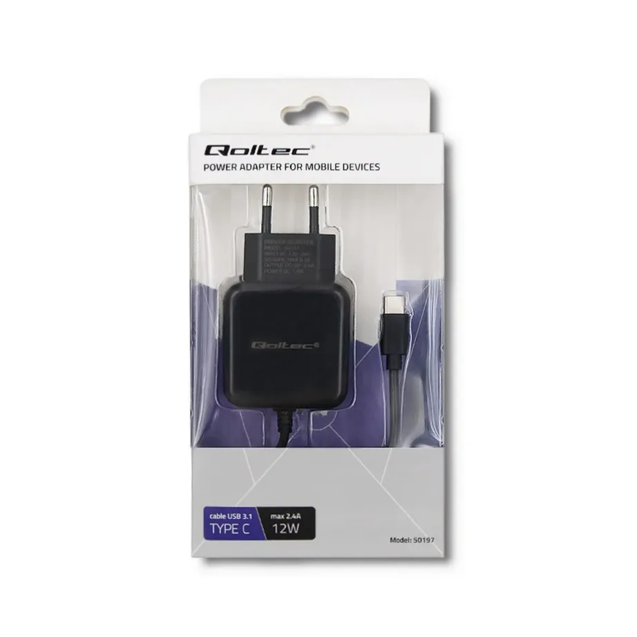 Qoltec 50197 12W 5V 2.4A USB-C must seinalaadija 1 m kaabliga nutitelefonidele ja tahvelarvutitele – 4