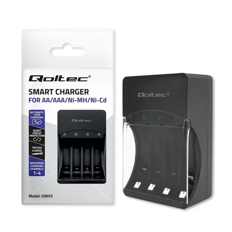 Qoltec 50653 4xAA/AAA Ni-MH akulaadija 220 V, 1,2 V väljundiga, ohutuskaitsetega