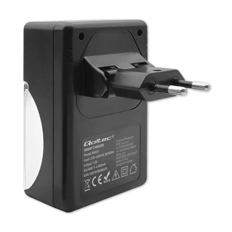 Qoltec 50653 4xAA/AAA Ni-MH akulaadija 220 V, 1,2 V väljundiga, ohutuskaitsetega