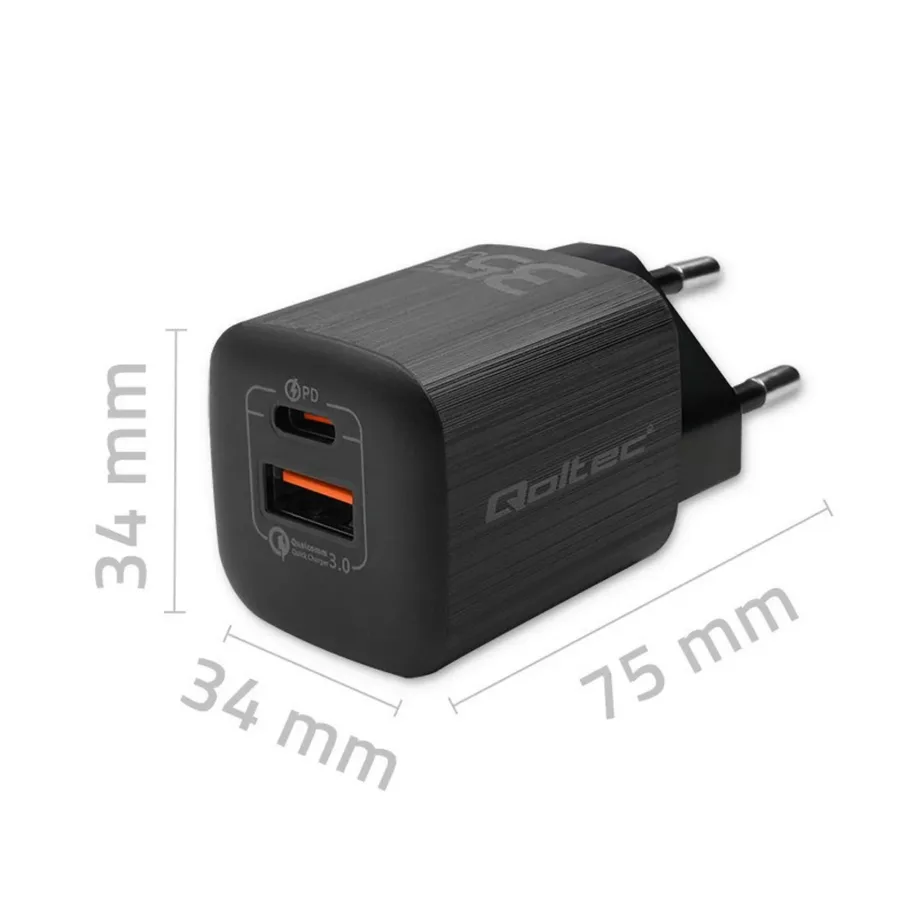 Qoltec 50764 35 W must USB-C/USB-A kiirlaadija 2 seadmele (sülearvutile, telefonile, tahvelarvutile), AC, Ultra Charge, 75x34x34 mm – 4