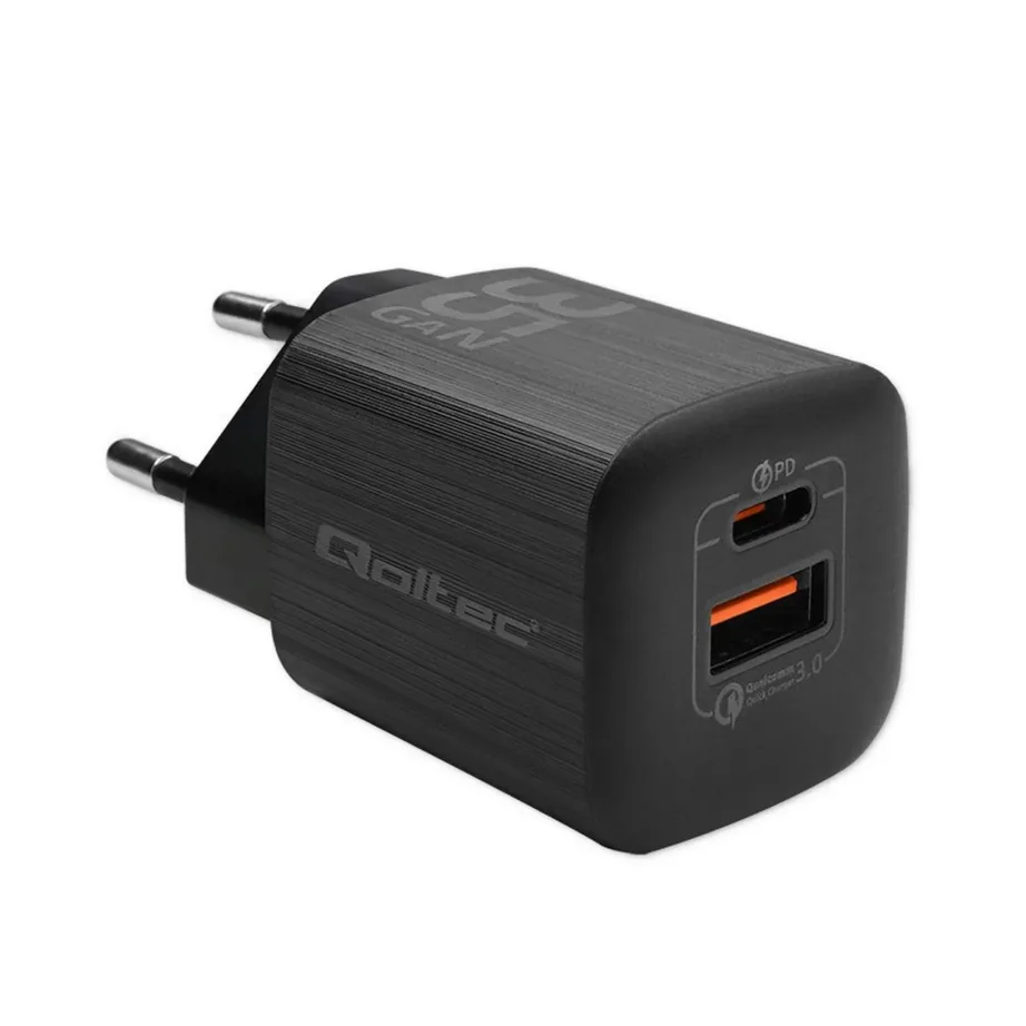 Qoltec 50764 35 W must USB-C/USB-A kiirlaadija 2 seadmele (sülearvutile, telefonile, tahvelarvutile), AC, Ultra Charge, 75x34x34 mm