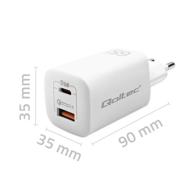Qoltec 50765 65 W valge USB-C/USB-A kiirlaadija sülearvutile, tahvelarvutile ja nutiseadmetele