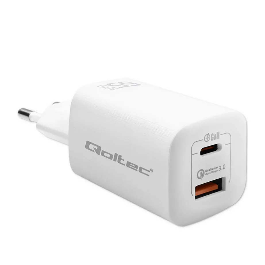 Qoltec 50765 65 W valge USB-C/USB-A kiirlaadija sülearvutile, tahvelarvutile ja nutiseadmetele