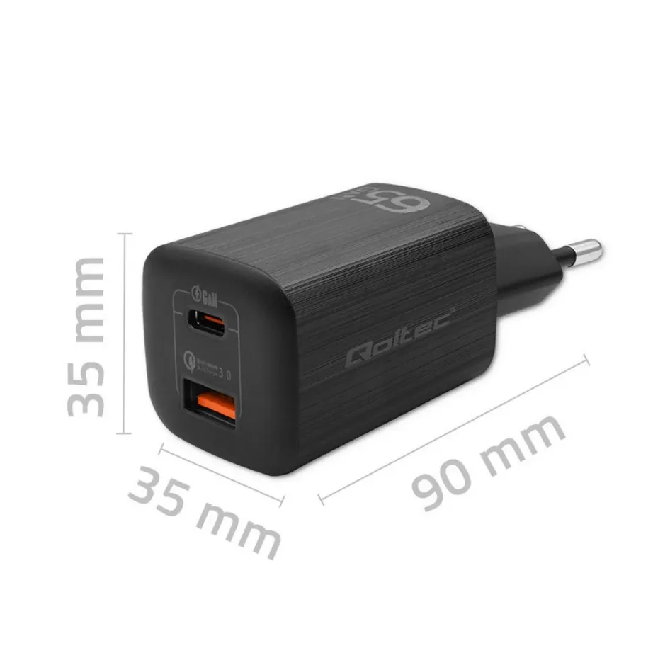 Qoltec 50766 65W must USB-C PD 3.0 ja USB-A kiirlaadija sülearvutitele, tahvelarvutitele ja nutiseadmetele (220–240 V, 2 seadet) – 4