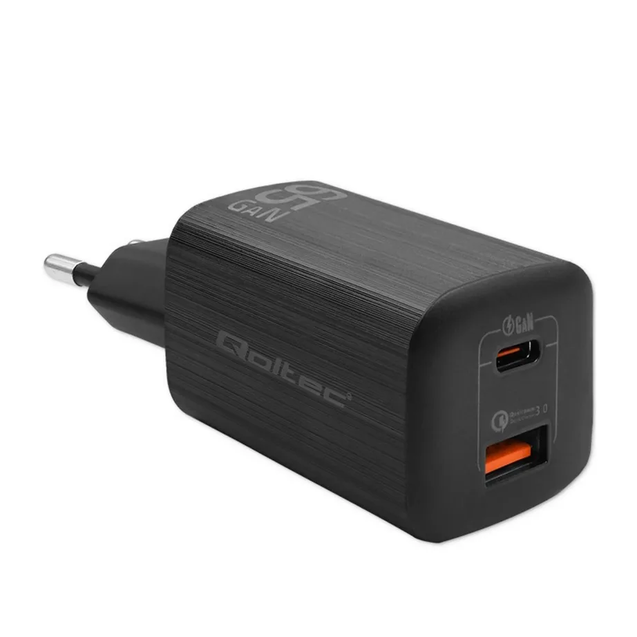 Qoltec 50766 65W must USB-C PD 3.0 ja USB-A kiirlaadija sülearvutitele, tahvelarvutitele ja nutiseadmetele (220–240 V, 2 seadet)