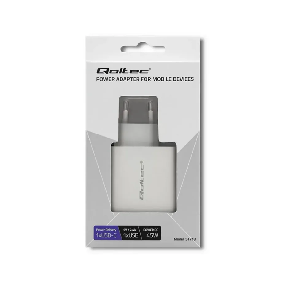 Qoltec 51718 45W valge USB-C PD ja USB seinalaadija 220–240V nutiseadmetele – 2