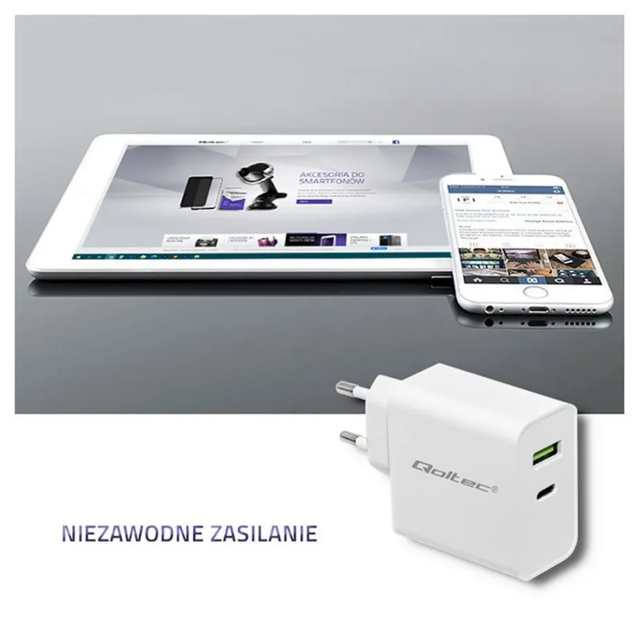 Qoltec 51718 45W valge USB-C PD ja USB seinalaadija 220–240V nutiseadmetele – 3
