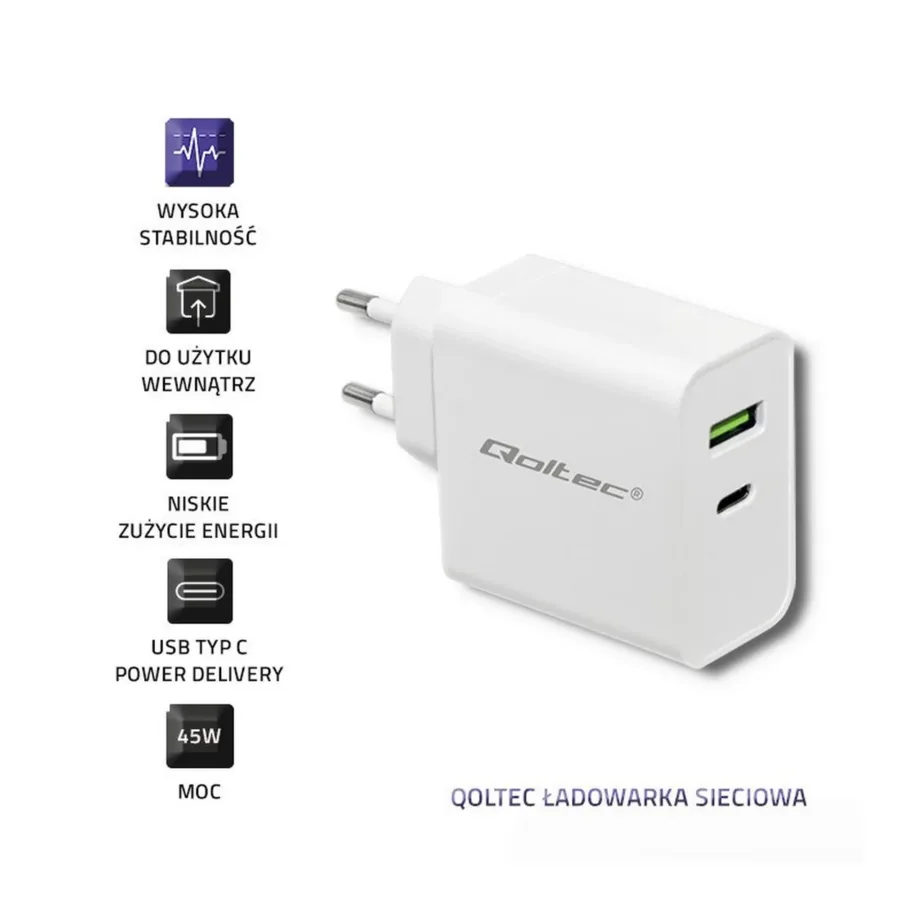 Qoltec 51718 45W valge USB-C PD ja USB seinalaadija 220–240V nutiseadmetele – 6