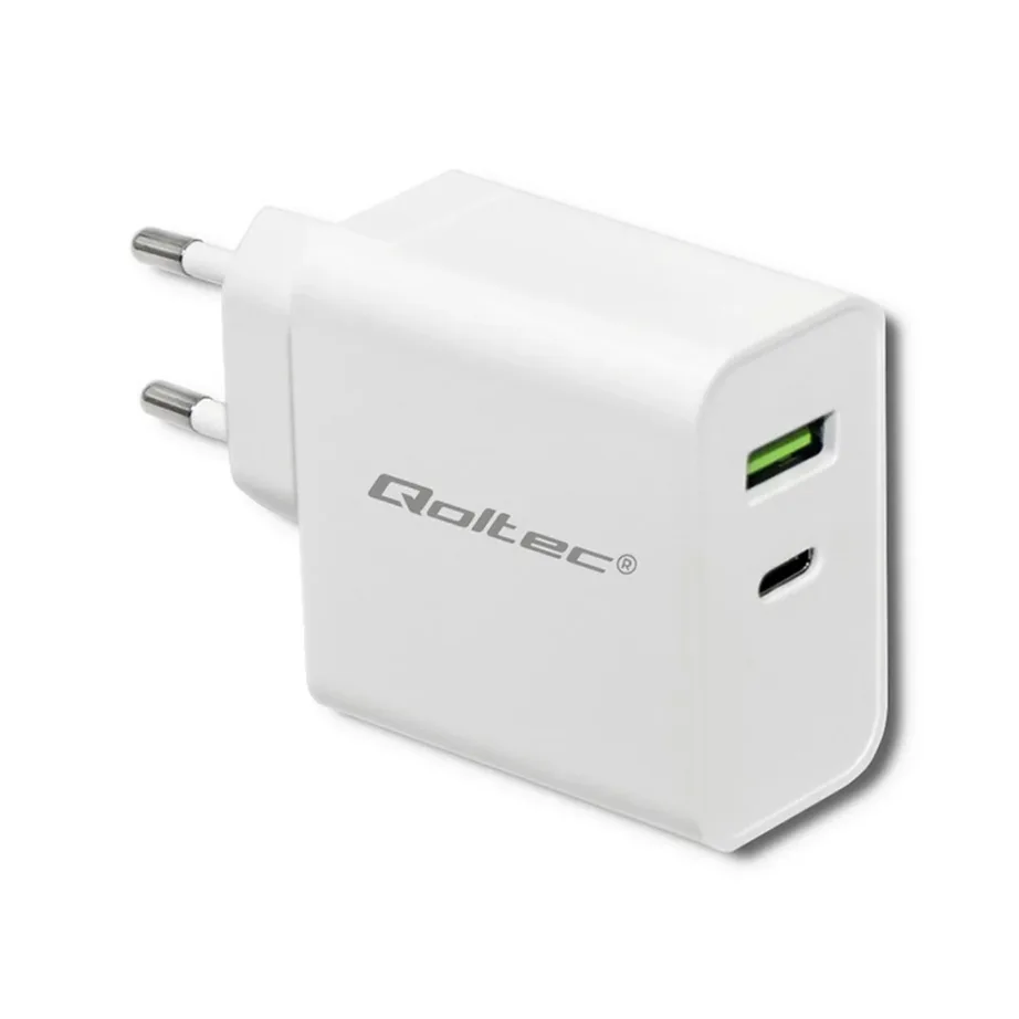Qoltec 51718 45W valge USB-C PD ja USB seinalaadija 220–240V nutiseadmetele