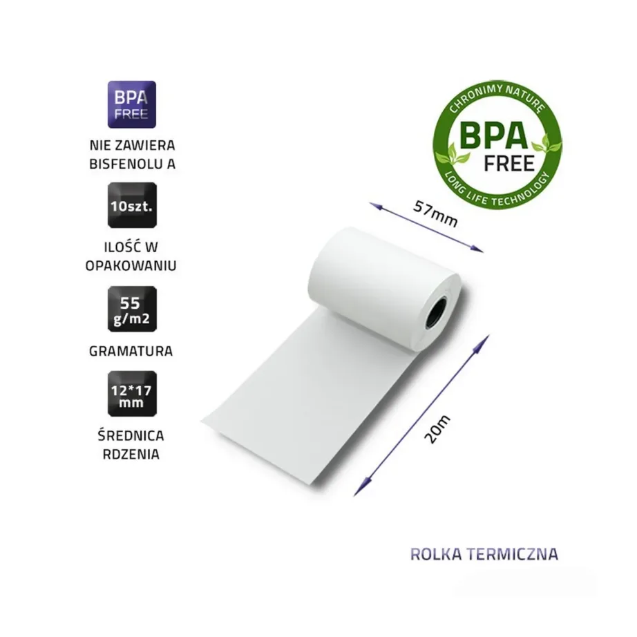 Qoltec 51896 57 mm x 20 m 55g/m² BPA-vaba valge termopaberirull, 10 tk – 3