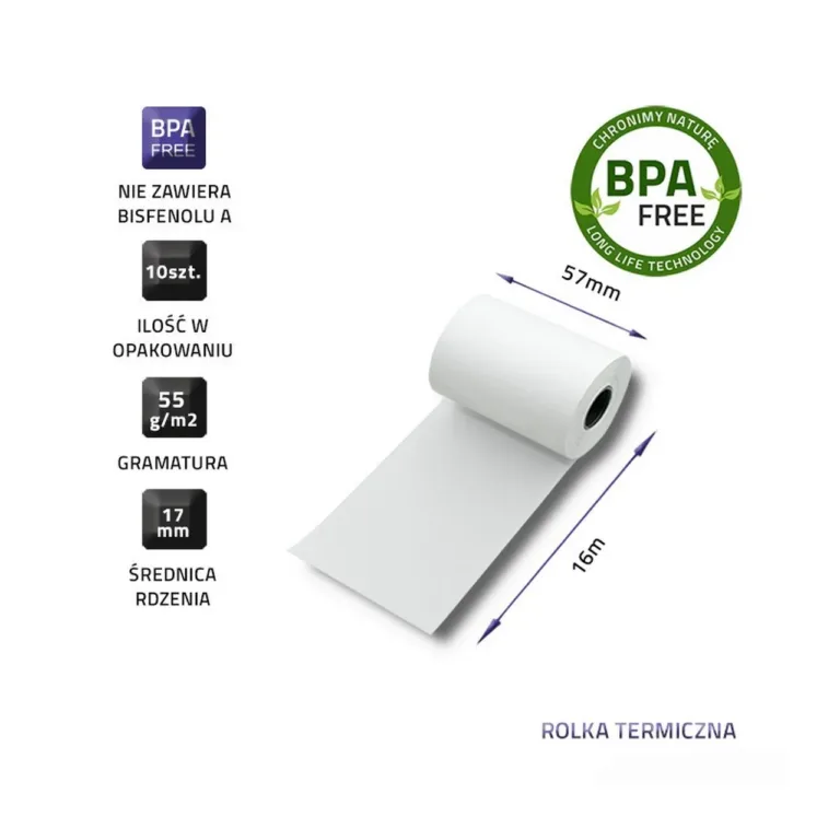 Qoltec 51899 57 mm x 16 m BPA-vaba valge termopaberirull, 55g/m², 10 tk pakis
