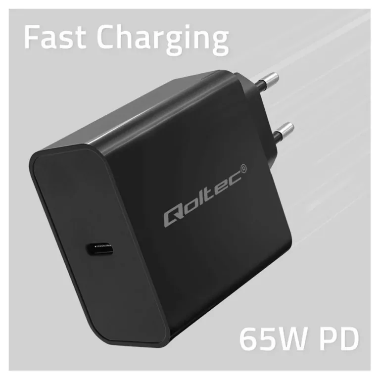 Qoltec 52379 65 W USB-C kiirlaadija, must, 1 port, PD 3.0, 220–240 V, ülepingekaitsega