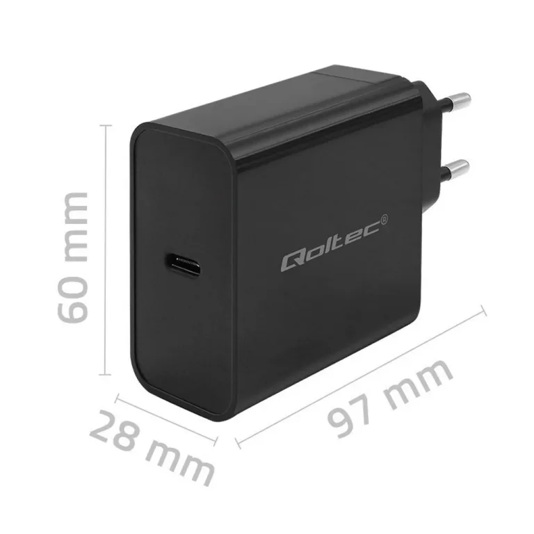 Qoltec 52379 65 W USB-C kiirlaadija, must, 1 port, PD 3.0, 220–240 V, ülepingekaitsega