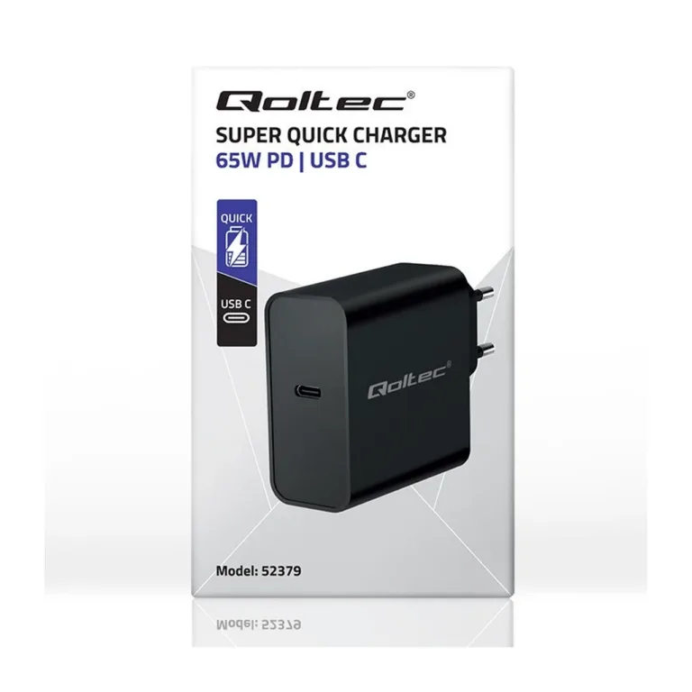 Qoltec 52379 65 W USB-C kiirlaadija, must, 1 port, PD 3.0, 220–240 V, ülepingekaitsega