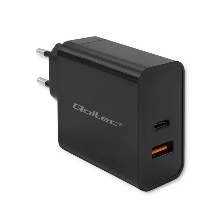 Qoltec 52380 65W must kiire USB-C ja USB-A laadija sülearvutile, tahvelarvutile ja nutiseadmetele