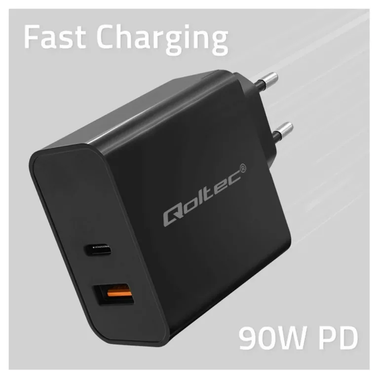 Qoltec 52381 90W USB-C ja USB-A kiirelaadija Ultra Charge, PD 3.0, must, siseruumides kasutamiseks