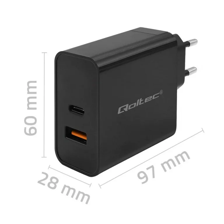 Qoltec 52381 90W USB-C ja USB-A kiirelaadija Ultra Charge, PD 3.0, must, siseruumides kasutamiseks