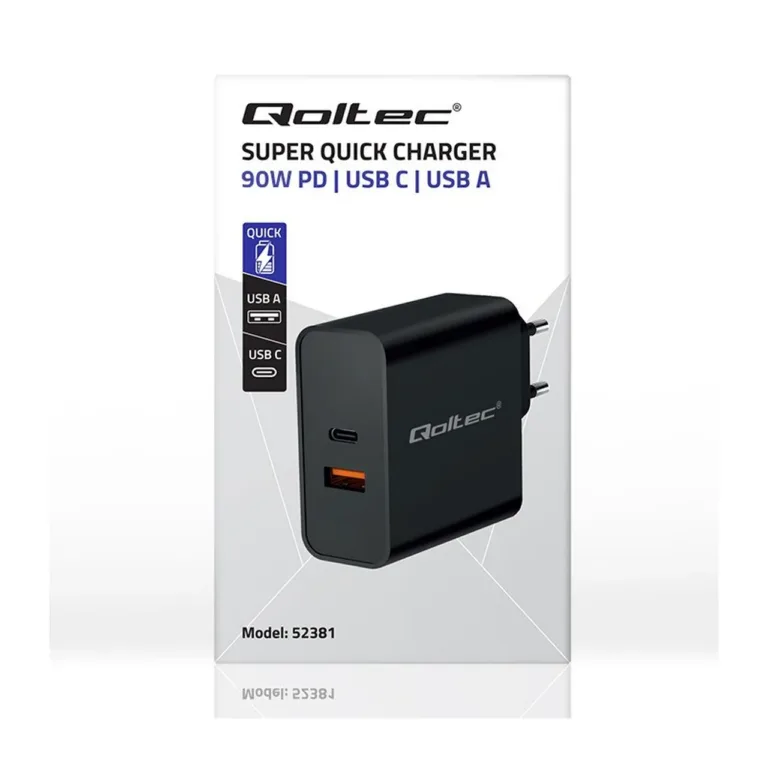 Qoltec 52381 90W USB-C ja USB-A kiirelaadija Ultra Charge, PD 3.0, must, siseruumides kasutamiseks