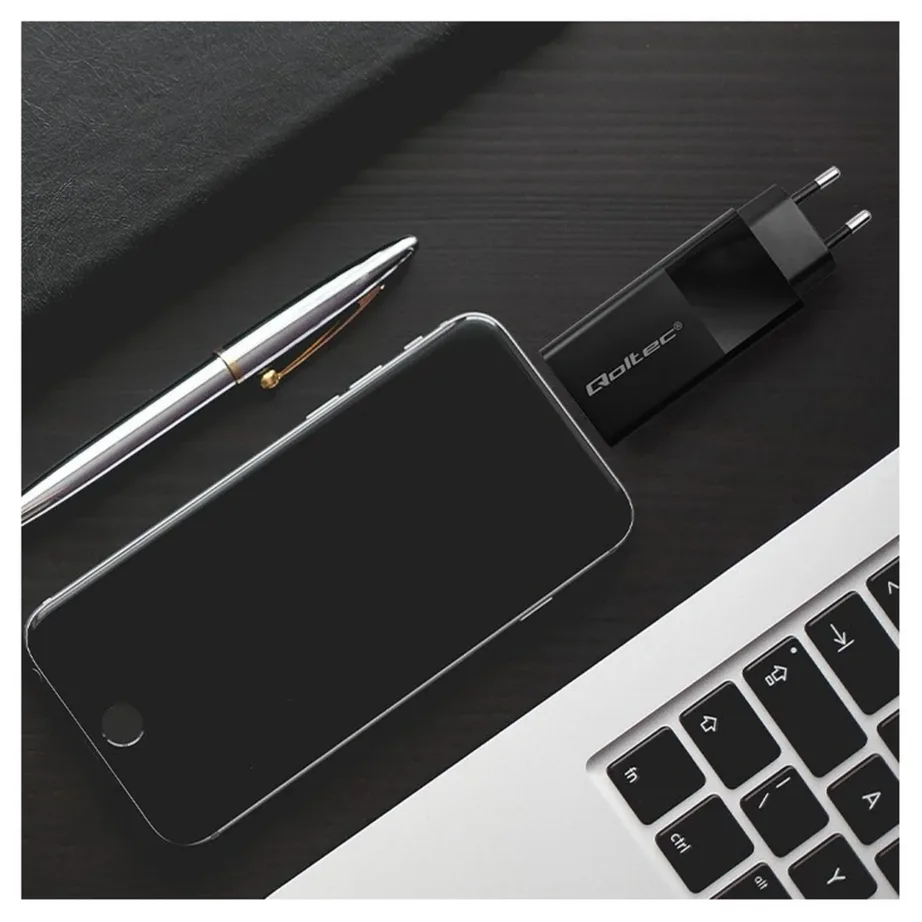 Qoltec 52382 100W GaN must USB-C ja USB-A kiirlaadija, 1xUSB-C, 1xUSB-A, PD 3.0, ülikiirlaadimine, vooluvõrku – 3