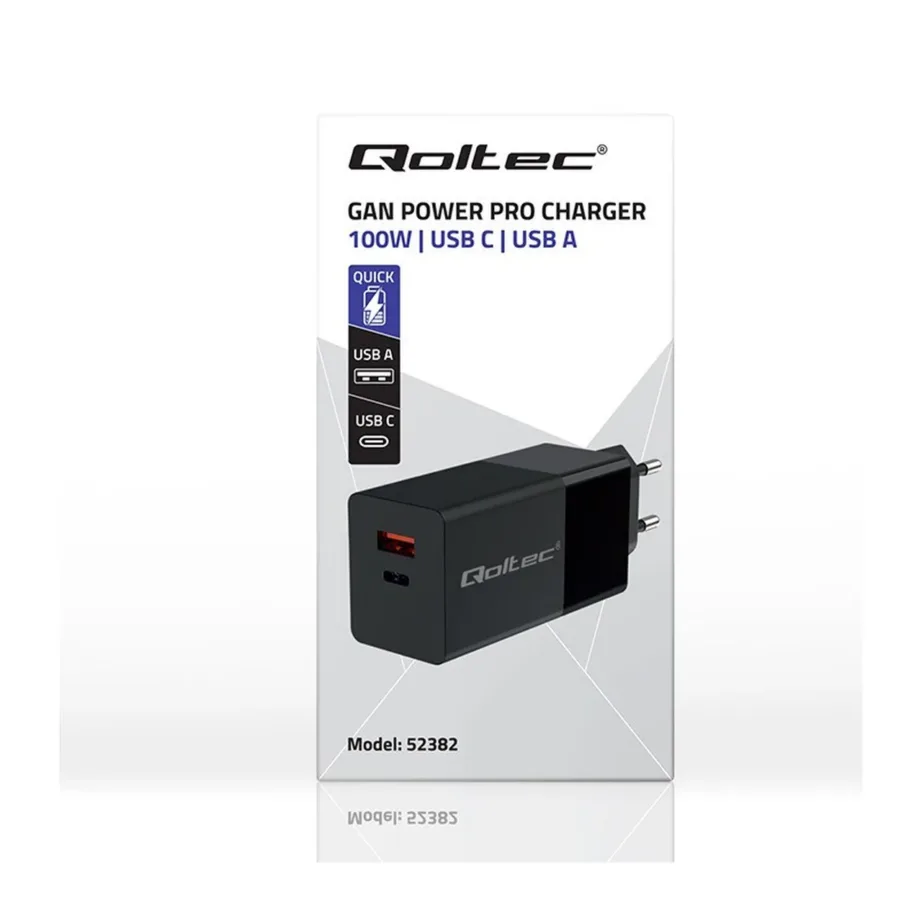 Qoltec 52382 100W GaN must USB-C ja USB-A kiirlaadija, 1xUSB-C, 1xUSB-A, PD 3.0, ülikiirlaadimine, vooluvõrku – 4