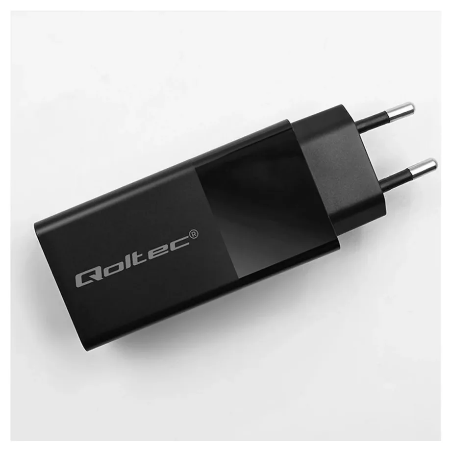 Qoltec 52382 100W GaN must USB-C ja USB-A kiirlaadija, 1xUSB-C, 1xUSB-A, PD 3.0, ülikiirlaadimine, vooluvõrku – 5