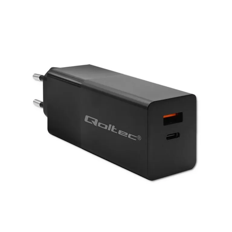 Qoltec 52382 100W GaN must USB-C ja USB-A kiirlaadija, 1xUSB-C, 1xUSB-A, PD 3.0, ülikiirlaadimine, vooluvõrku
