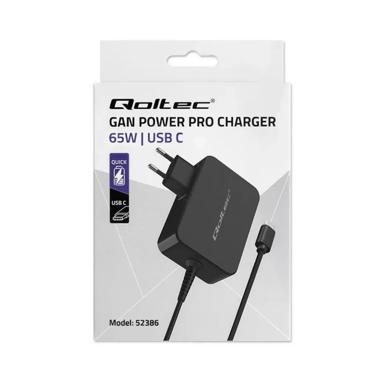 Qoltec 52386 GaN 65W USB-C PD 3.0 must kiirlaadija, 1,7 m kaabel, sis. Type C Europlug