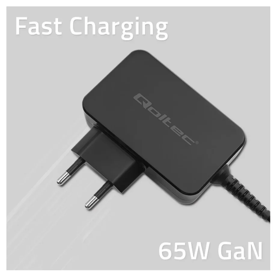 Qoltec 52386 GaN 65W USB-C PD 3.0 must kiirlaadija, 1,7 m kaabel, sis. Type C Europlug – 3