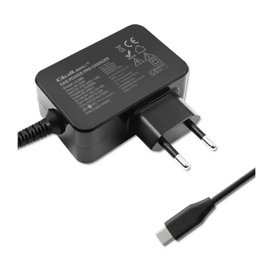 Qoltec 52386 GaN 65W USB-C PD 3.0 must kiirlaadija, 1,7 m kaabel, sis. Type C Europlug – 9
