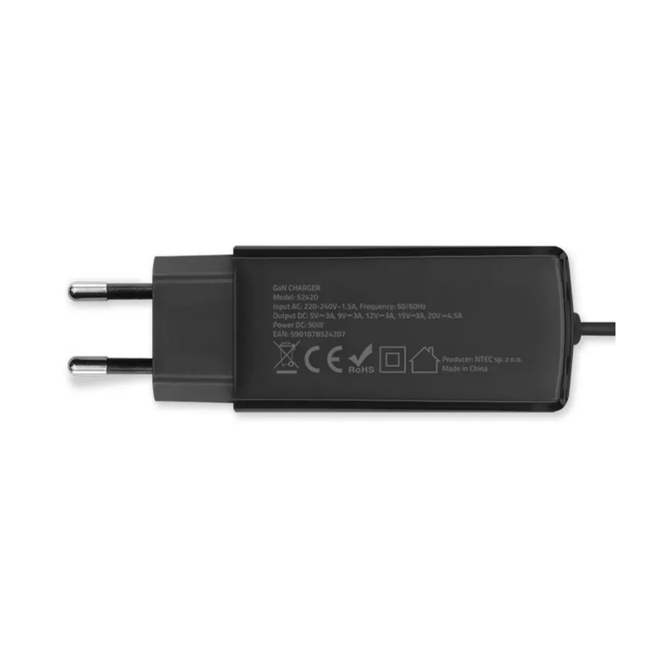 Qoltec 52420 90W USB-C GaN universaalne sülearvuti toiteadapter, 1,8 m, must – 2