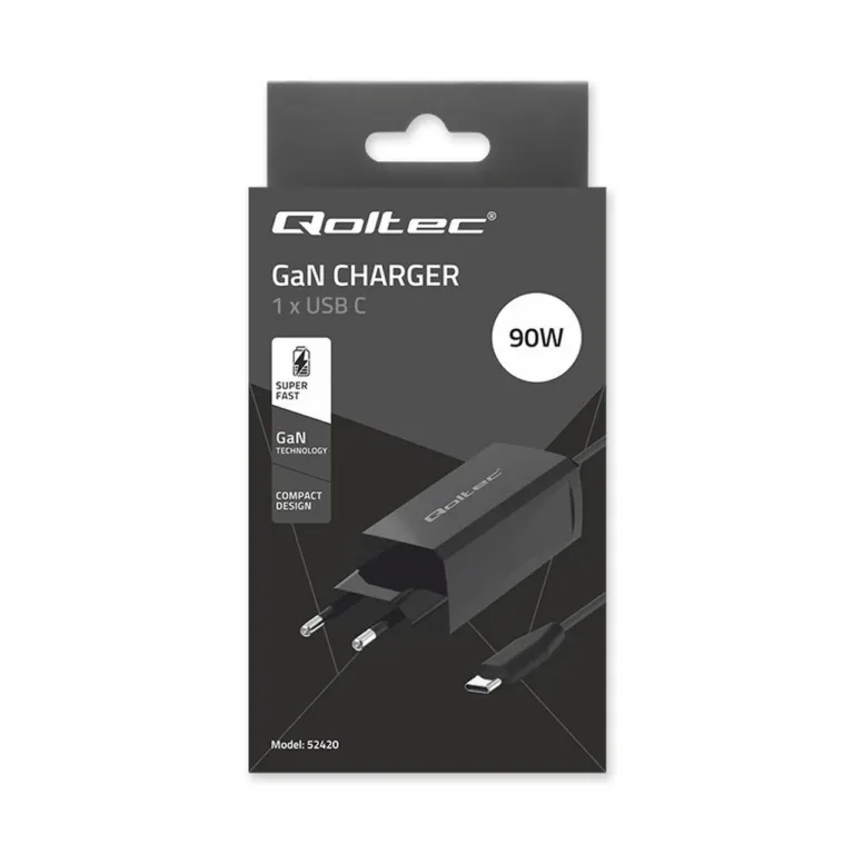 Qoltec 52420 90W USB-C GaN universaalne sülearvuti toiteadapter, 1,8 m, must
