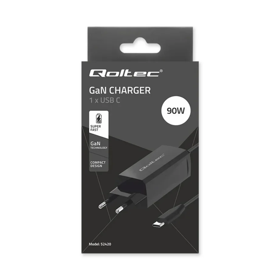 Qoltec 52420 90W USB-C GaN universaalne sülearvuti toiteadapter, 1,8 m, must – 3