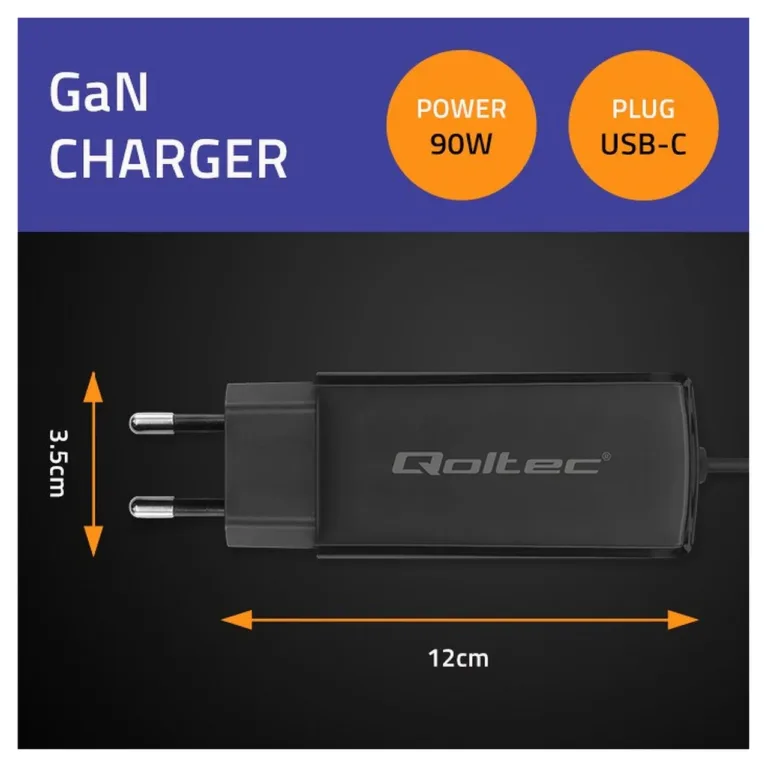 Qoltec 52420 90W USB-C GaN universaalne sülearvuti toiteadapter, 1,8 m, must