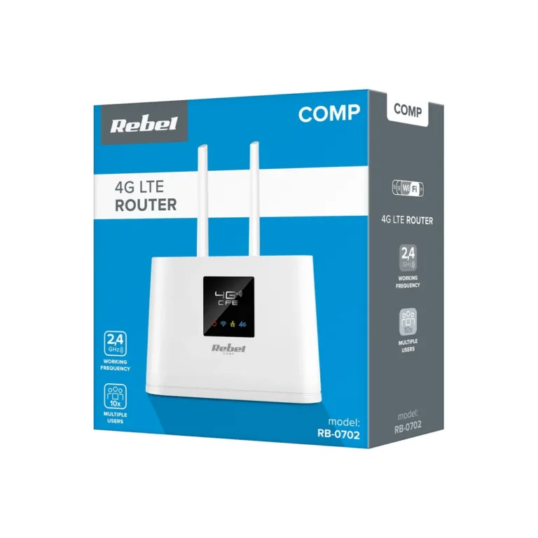Rebel RB-0702 4G LTE SIM-kaardiga ruuter 2.4 GHz WiFi 150 Mbit/s valge, välisantenni ja Ethernet LAN-iga lauaruuter