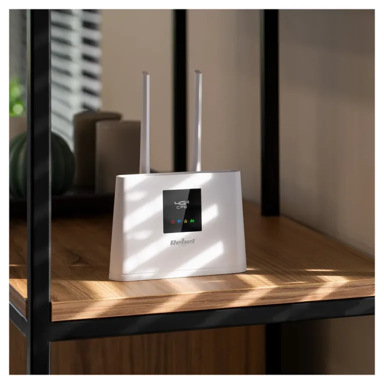 Rebel RB-0702 4G LTE SIM-kaardiga ruuter 2.4 GHz WiFi 150 Mbit/s valge, välisantenni ja Ethernet LAN-iga lauaruuter