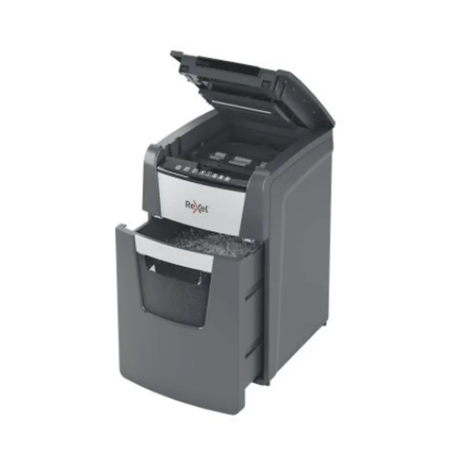 Rexel AutoFeed+ 150M automaatne P-5 mikro-lõikega paberihävitaja, 150 lehte, alumiiniumkorpuses, 44L, 2x15mm, mudel 2020150MEU – 4