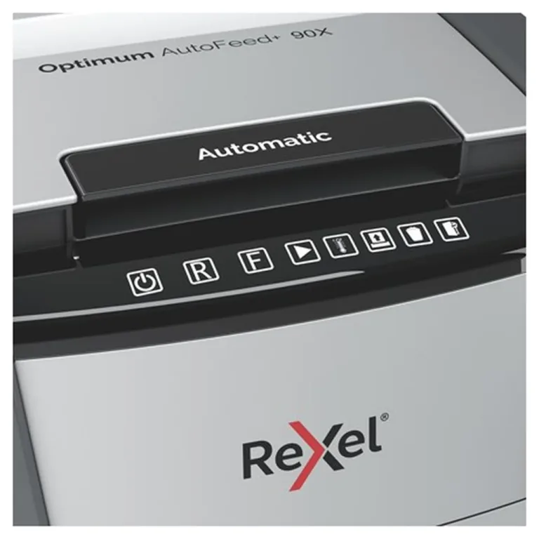 Rexel AutoFeed+ 90X 34L 4x28mm P-4 ristlõikega paberihävitaja A4 jaoks, 90-lehe automaatne söötmine, must/hall