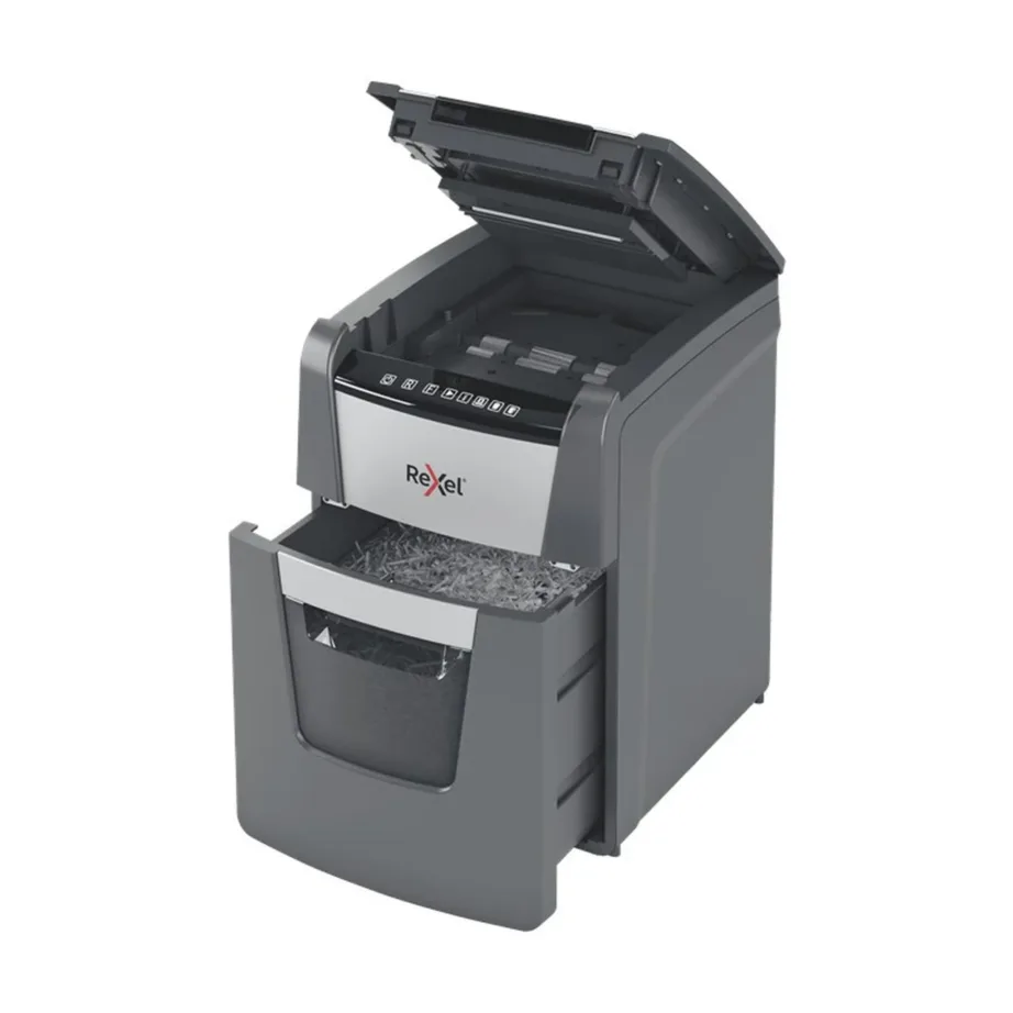 Rexel AutoFeed+ 90X 34L 4x28mm P-4 ristlõikega paberihävitaja A4 jaoks, 90-lehe automaatne söötmine, must/hall – 5