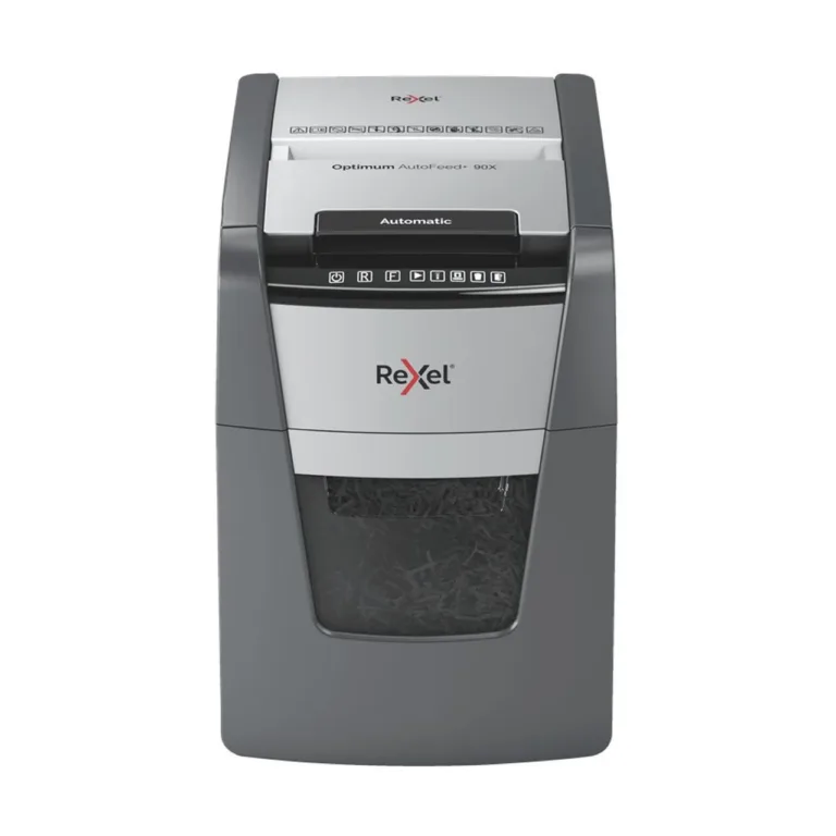 Rexel AutoFeed+ 90X 34L 4x28mm P-4 ristlõikega paberihävitaja A4 jaoks, 90-lehe automaatne söötmine, must/hall