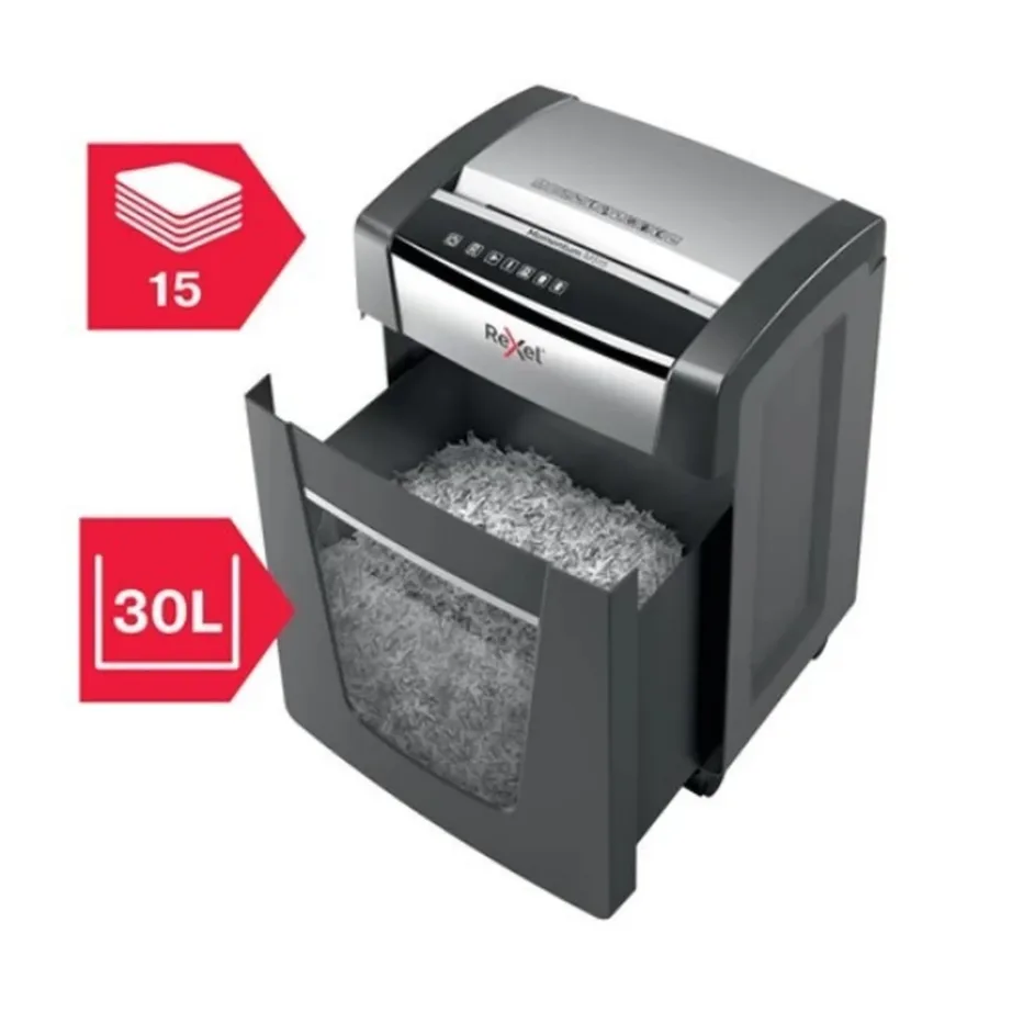 Rexel Momentum M515 230 mm mikro-lõikega must paberihävitaja, P-5 turbetase, 15 lehte korraga, 30L konteiner, mudel 2104577EU – 6