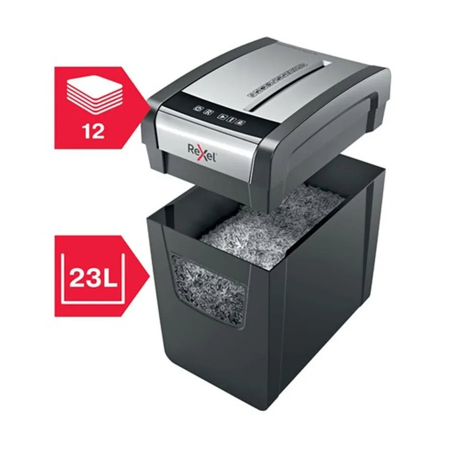 Rexel Momentum X312-SL 12-leheline 23L P-3 osakestega paberihävitaja, must/hall, 5×42 mm, ummistusvastane – 7
